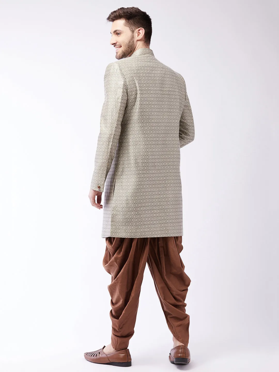 VASTRAMAY Men's Beige, Grey And Coffee Brown Silk Blend Sherwani Set