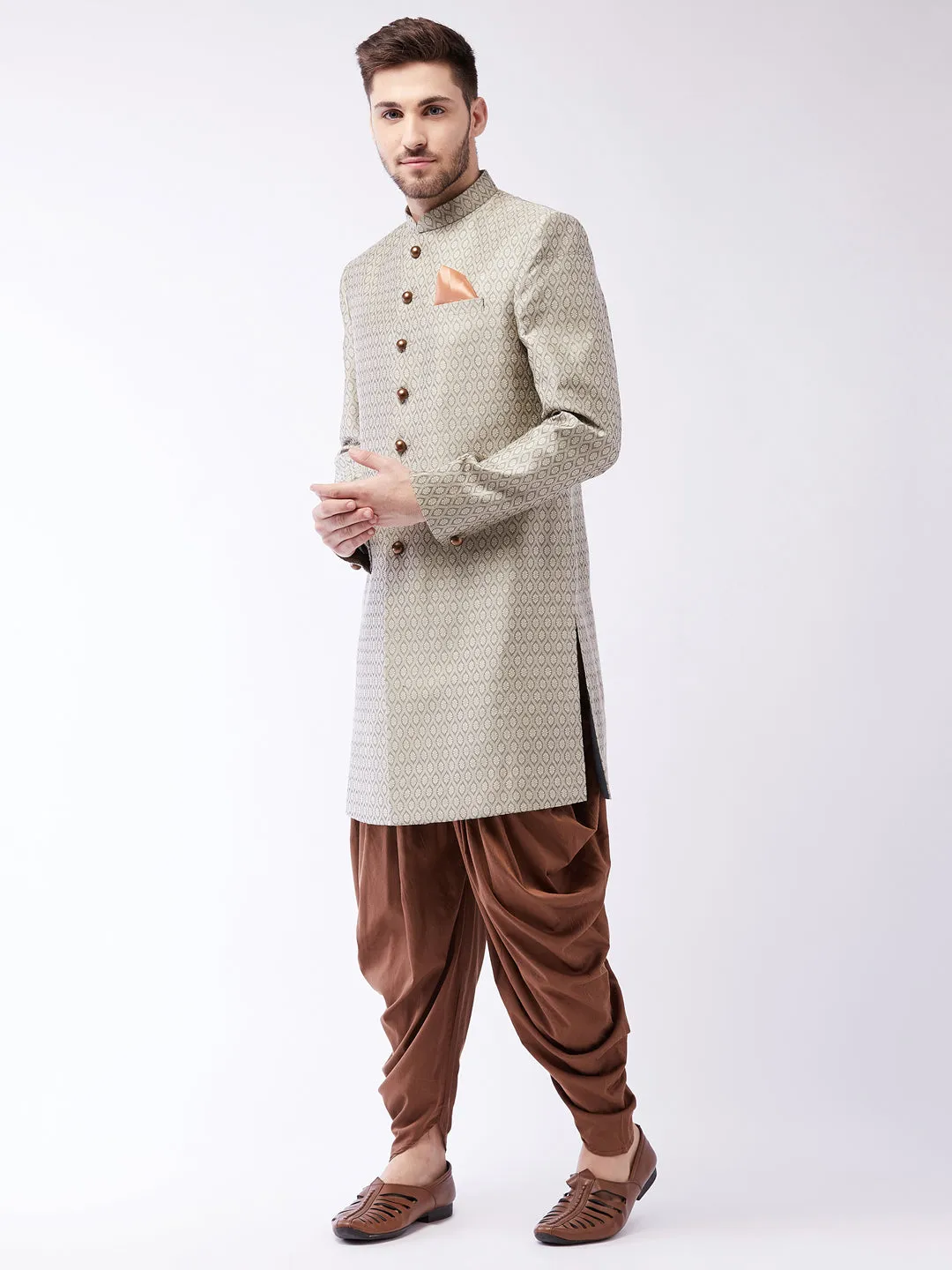 VASTRAMAY Men's Beige, Grey And Coffee Brown Silk Blend Sherwani Set
