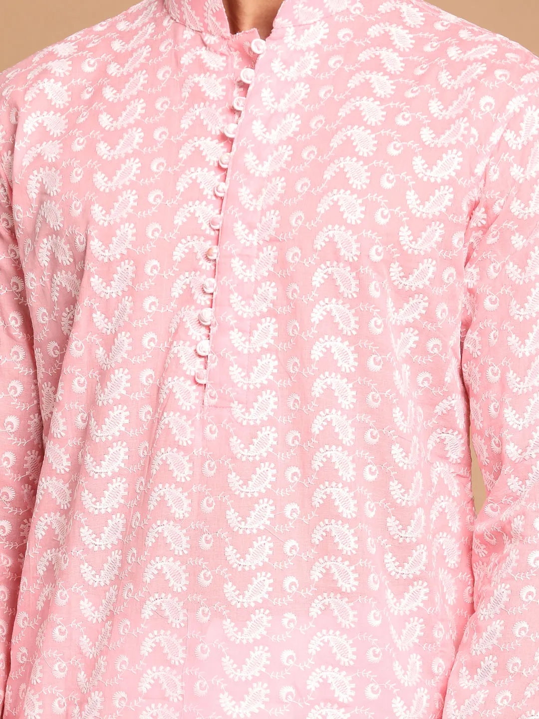 VASTRAMAY Pink Cotton Chikankari Kurta Dhoti