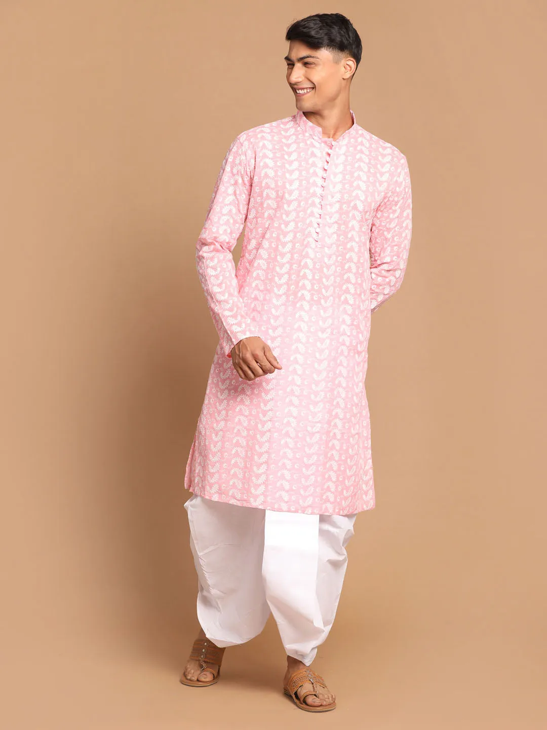 VASTRAMAY Pink Cotton Chikankari Kurta Dhoti