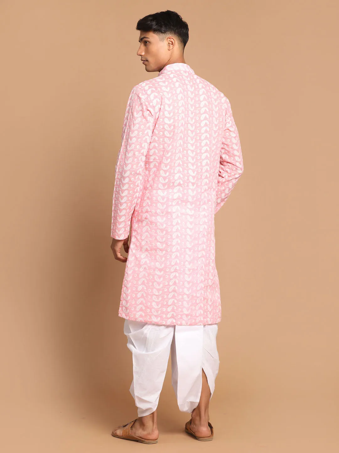 VASTRAMAY Pink Cotton Chikankari Kurta Dhoti
