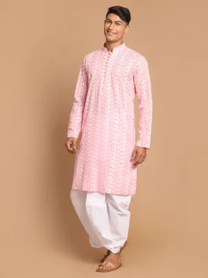 VASTRAMAY Pink Cotton Chikankari Kurta Dhoti