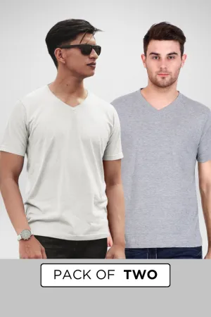 White and Grey Melange V Neck T-Shirts Combo for Men