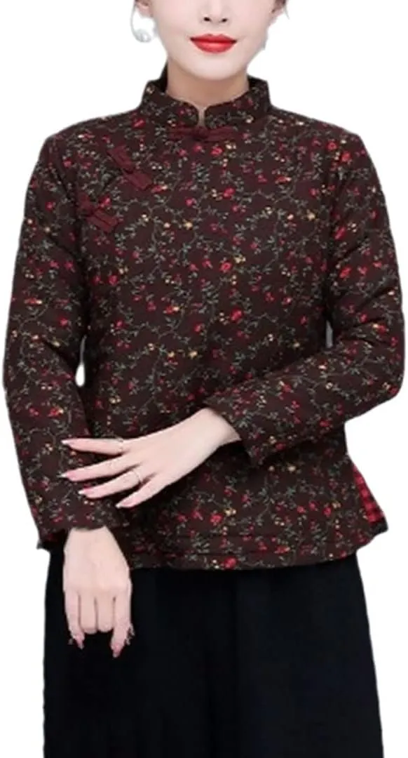 Winter Cotton Linen Short Coat Women Vintage China Padded Jacket Floral Chinese Traditional Cheongsam Top