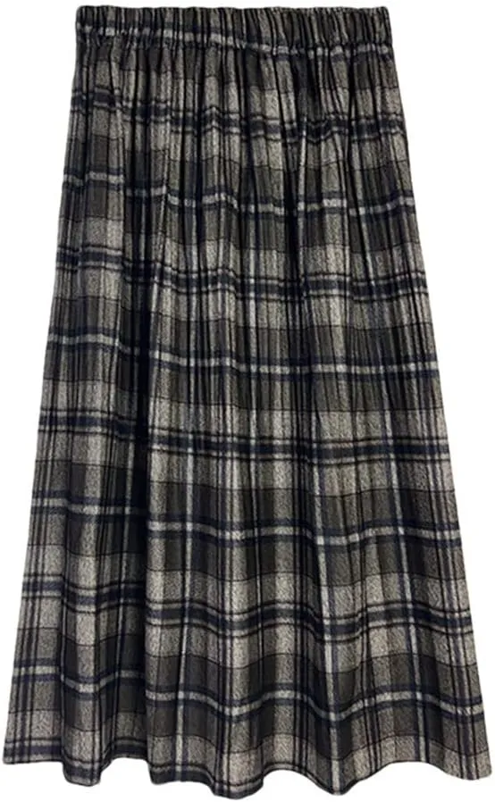 Winter Woolen Plaid Skirt for Women Academic College Elastic Waist Casual Student Midi Skirts