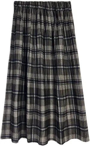 Winter Woolen Plaid Skirt for Women Academic College Elastic Waist Casual Student Midi Skirts