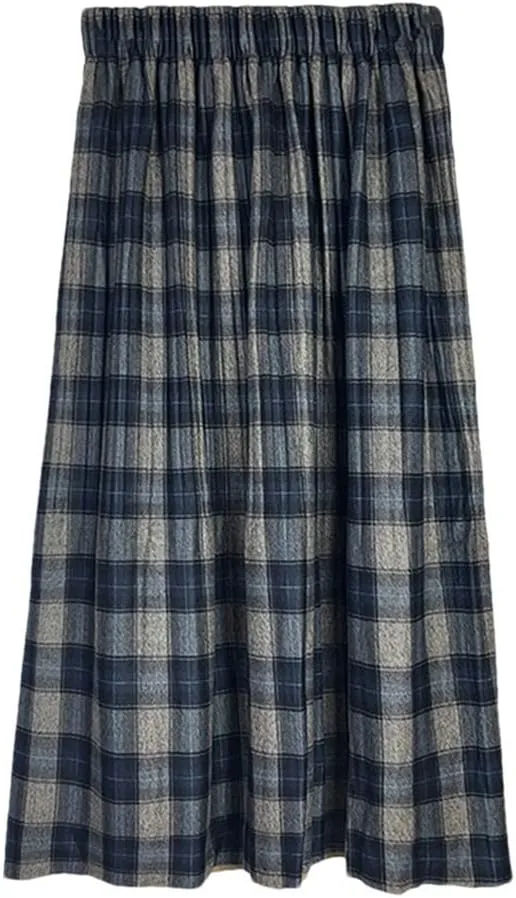 Winter Woolen Plaid Skirt for Women Academic College Elastic Waist Casual Student Midi Skirts