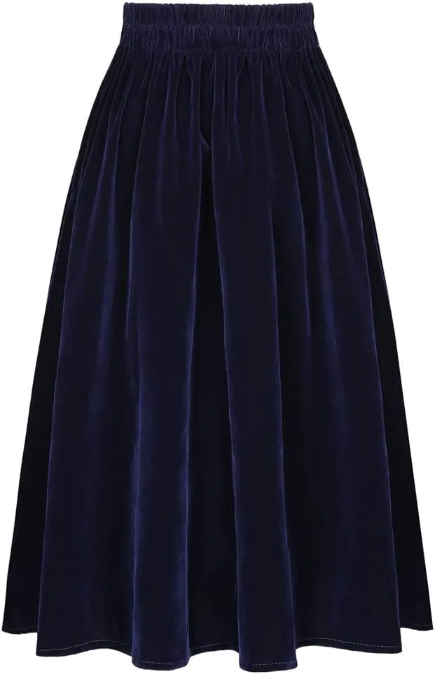 Women Autumn Winter Skirts with Pockets A Line Retro Vintage High Waist Long Midi Velour Skirt