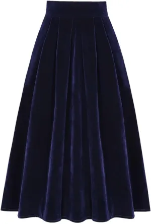 Women Autumn Winter Skirts with Pockets A Line Retro Vintage High Waist Long Midi Velour Skirt