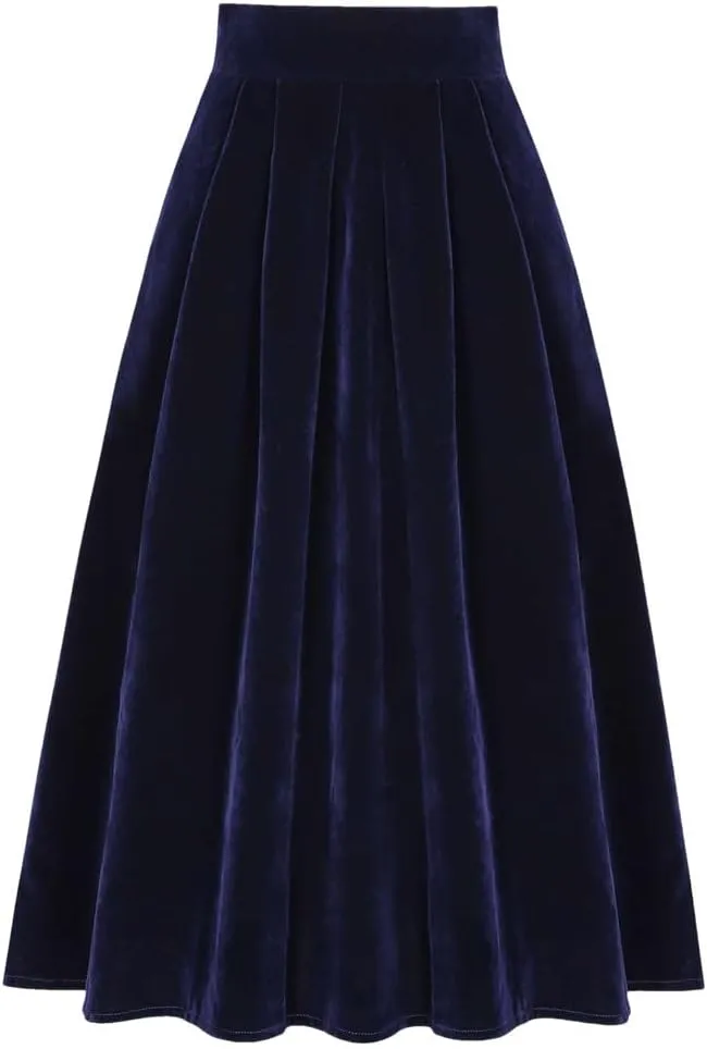 Women Autumn Winter Skirts with Pockets A Line Retro Vintage High Waist Long Midi Velour Skirt