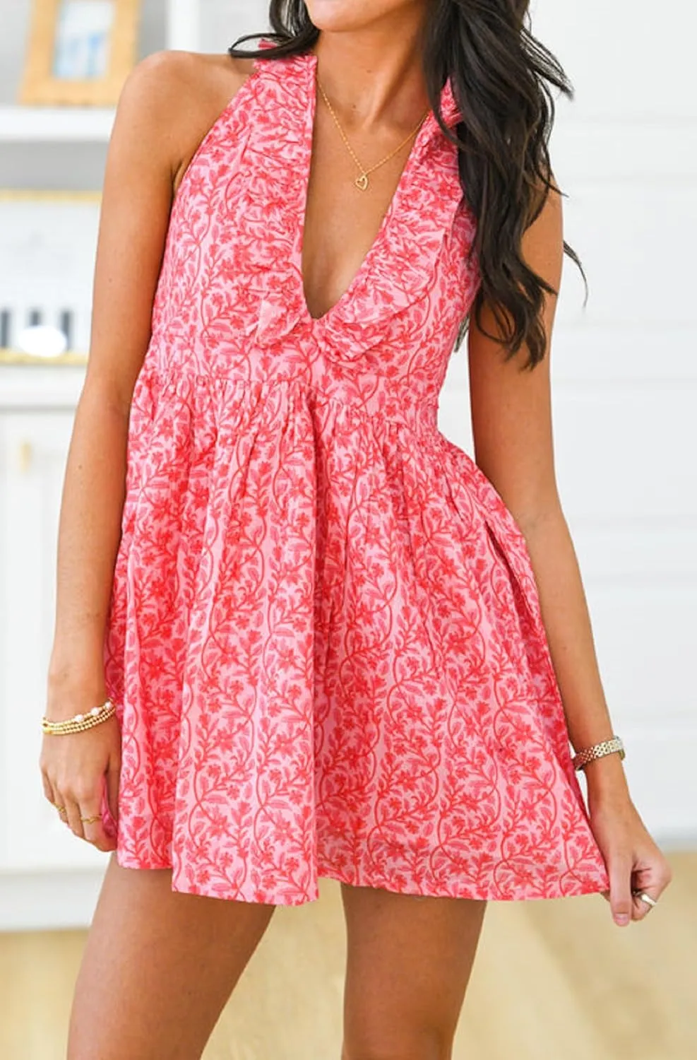 Women Boho Frill Halter Neck Mini Dress Backless V Neck Ruffle Hem Short Dresses Sleeveless Floral Summer Beach Dress