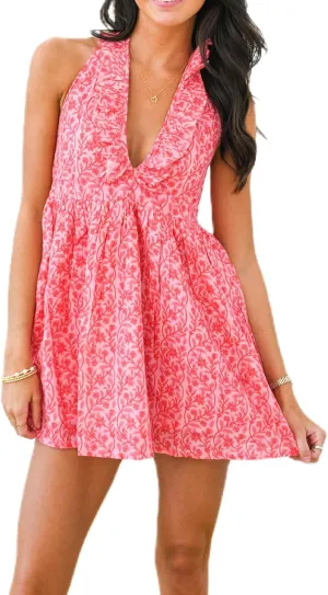 Women Boho Frill Halter Neck Mini Dress Backless V Neck Ruffle Hem Short Dresses Sleeveless Floral Summer Beach Dress