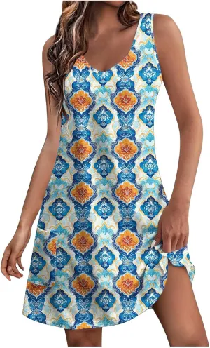 Women Boho Tank Dress 2025 Sleeveless Tunic Mini Dresses Floral Print Sundress Beach Resort Wear Short