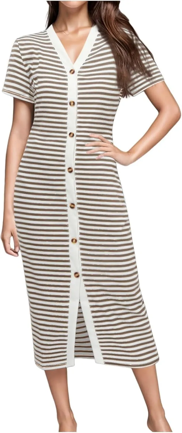 Women Casual Summer Dresses Short Sleeve Striped Midi Dresses Decorative Button Ribbed Knit Dresses Party Beach