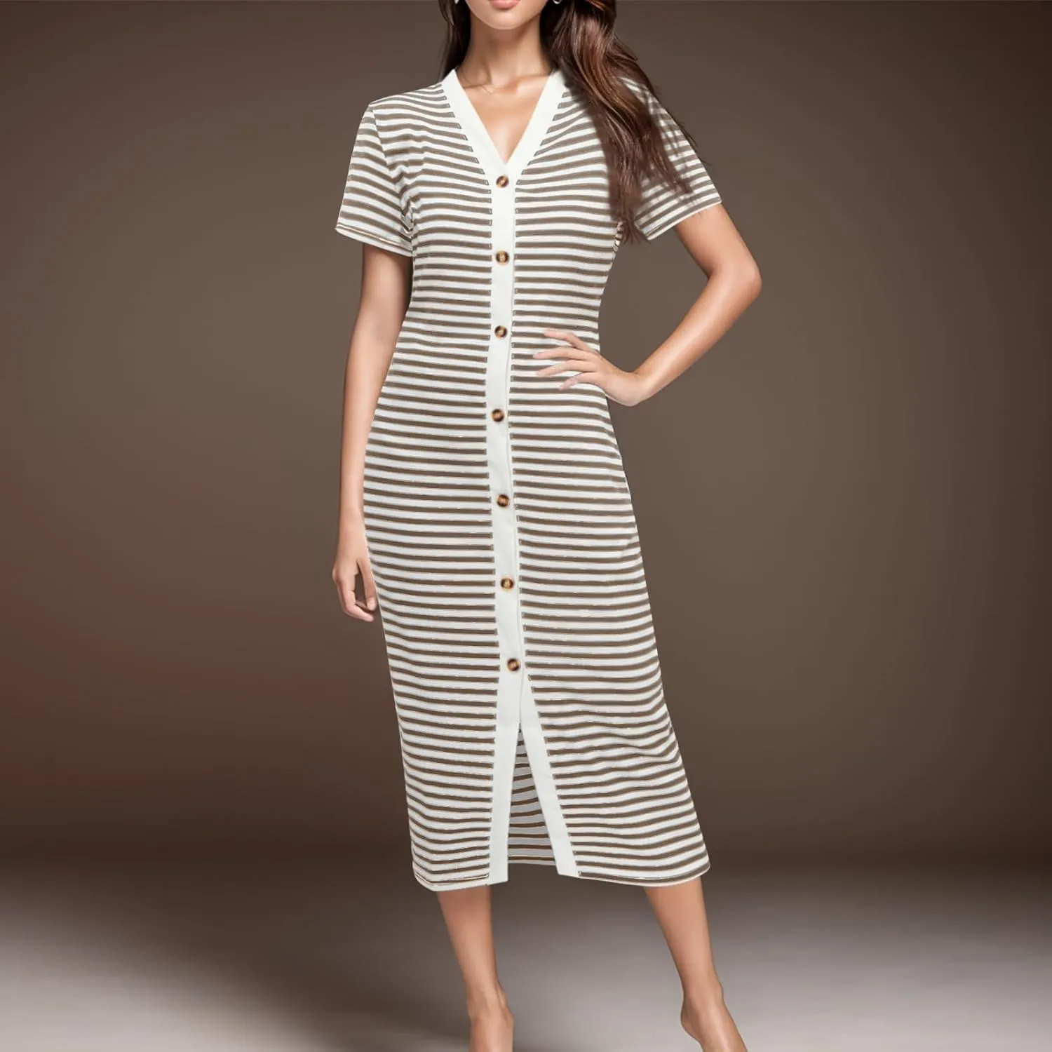 Women Casual Summer Dresses Short Sleeve Striped Midi Dresses Decorative Button Ribbed Knit Dresses Party Beach