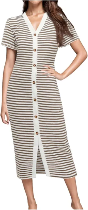 Women Casual Summer Dresses Short Sleeve Striped Midi Dresses Decorative Button Ribbed Knit Dresses Party Beach