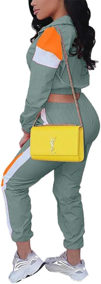 Women Casual Tracksuit 2 Piece Zip Top Jacket and Elastic Waistband Pant Women Windbreaker Tracksuit Sets