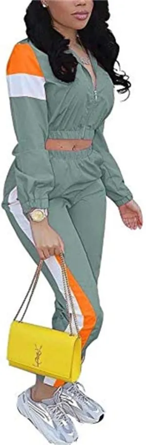 Women Casual Tracksuit 2 Piece Zip Top Jacket and Elastic Waistband Pant Women Windbreaker Tracksuit Sets