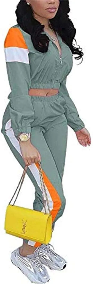 Women Casual Tracksuit 2 Piece Zip Top Jacket and Elastic Waistband Pant Women Windbreaker Tracksuit Sets