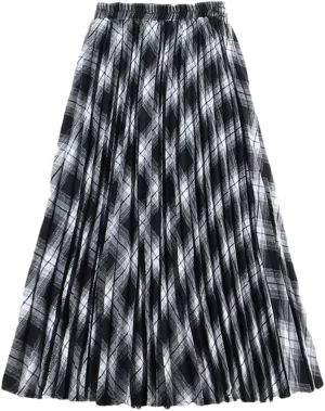 Women Cotton Plaid Skirt Elastic Waist Christmas Midi Long Pleated Skirts