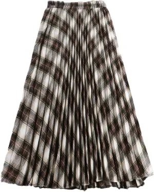 Women Cotton Plaid Skirt Elastic Waist Christmas Midi Long Pleated Skirts