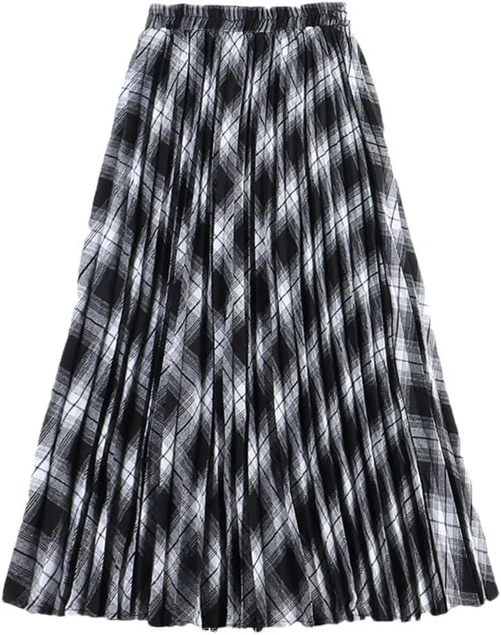 Women Cotton Plaid Skirt Elastic Waist Christmas Midi Long Pleated Skirts