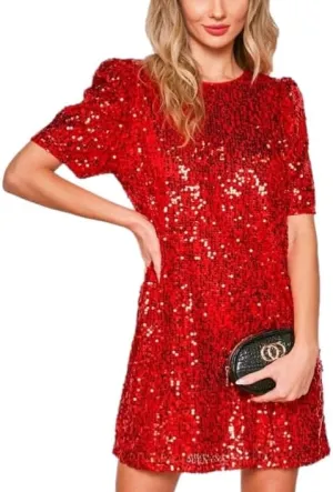 Women Puff Short Sleeve Sparkle Shift Dress Crewneck Sequin Shimmer Cocktail Party Dress