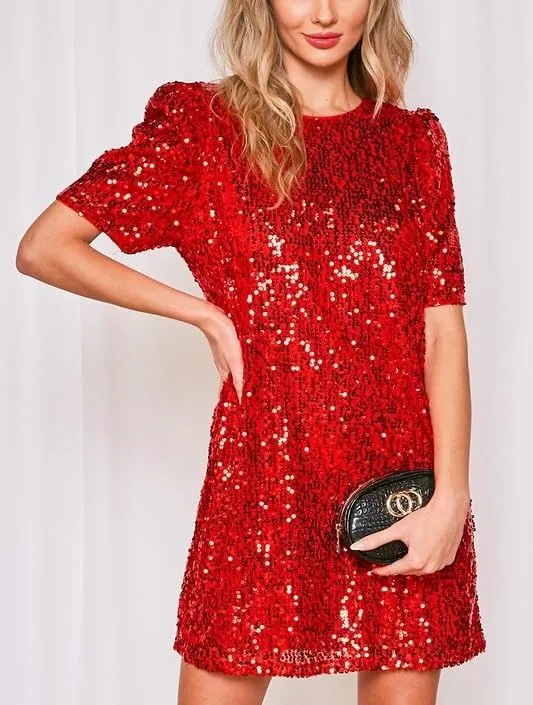 Women Puff Short Sleeve Sparkle Shift Dress Crewneck Sequin Shimmer Cocktail Party Dress