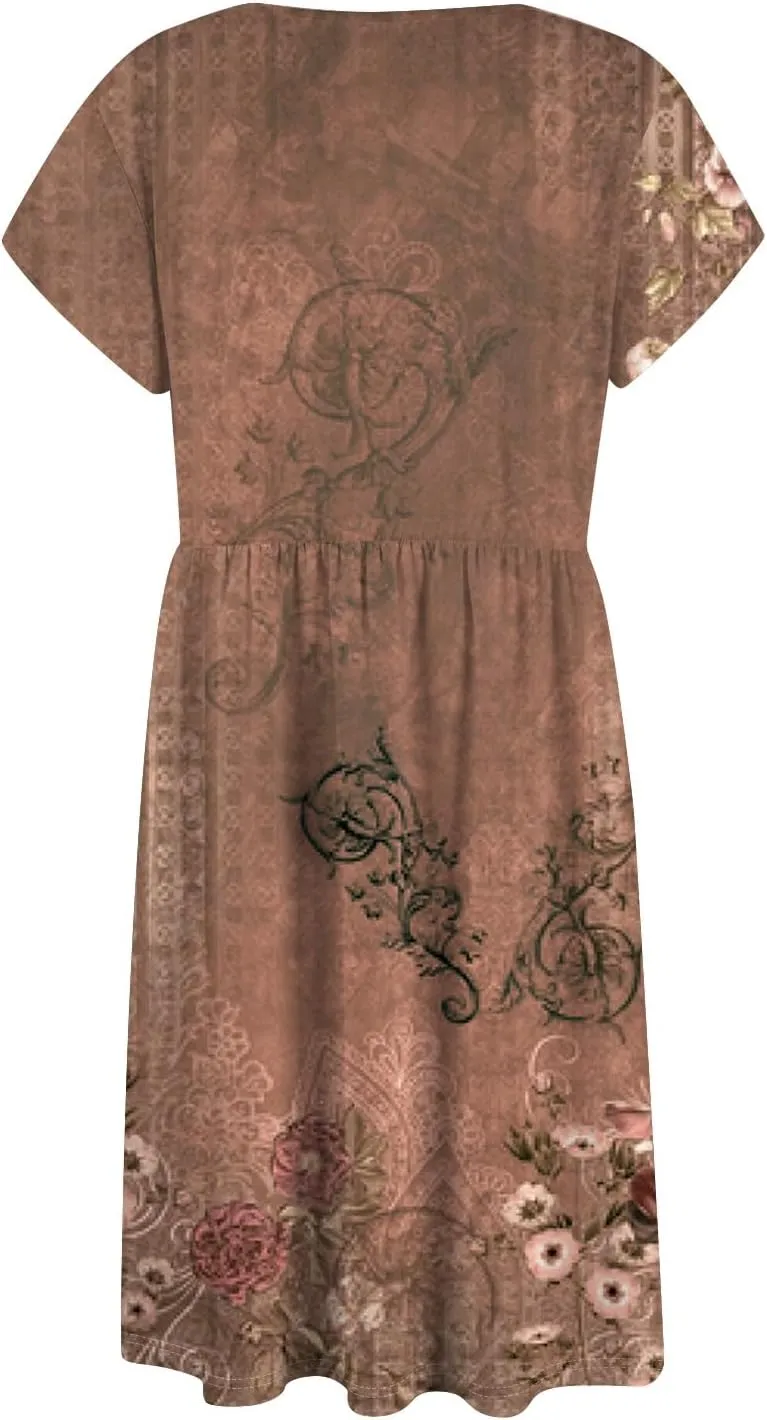 Women Summer Dresses Round Neck Summer Short Sleeve Casual Printed Loose Button Midi Beach Dresses with Pocket