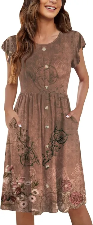 Women Summer Dresses Round Neck Summer Short Sleeve Casual Printed Loose Button Midi Beach Dresses with Pocket