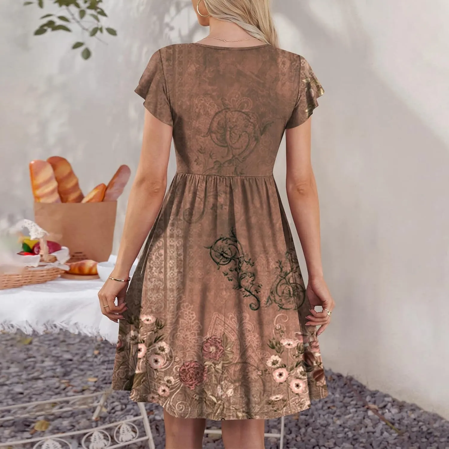 Women Summer Dresses Round Neck Summer Short Sleeve Casual Printed Loose Button Midi Beach Dresses with Pocket