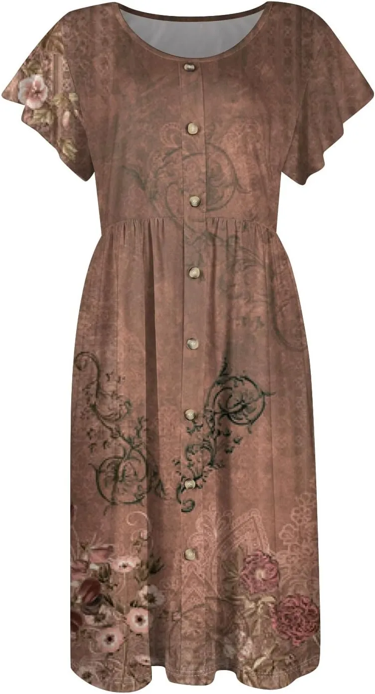Women Summer Dresses Round Neck Summer Short Sleeve Casual Printed Loose Button Midi Beach Dresses with Pocket