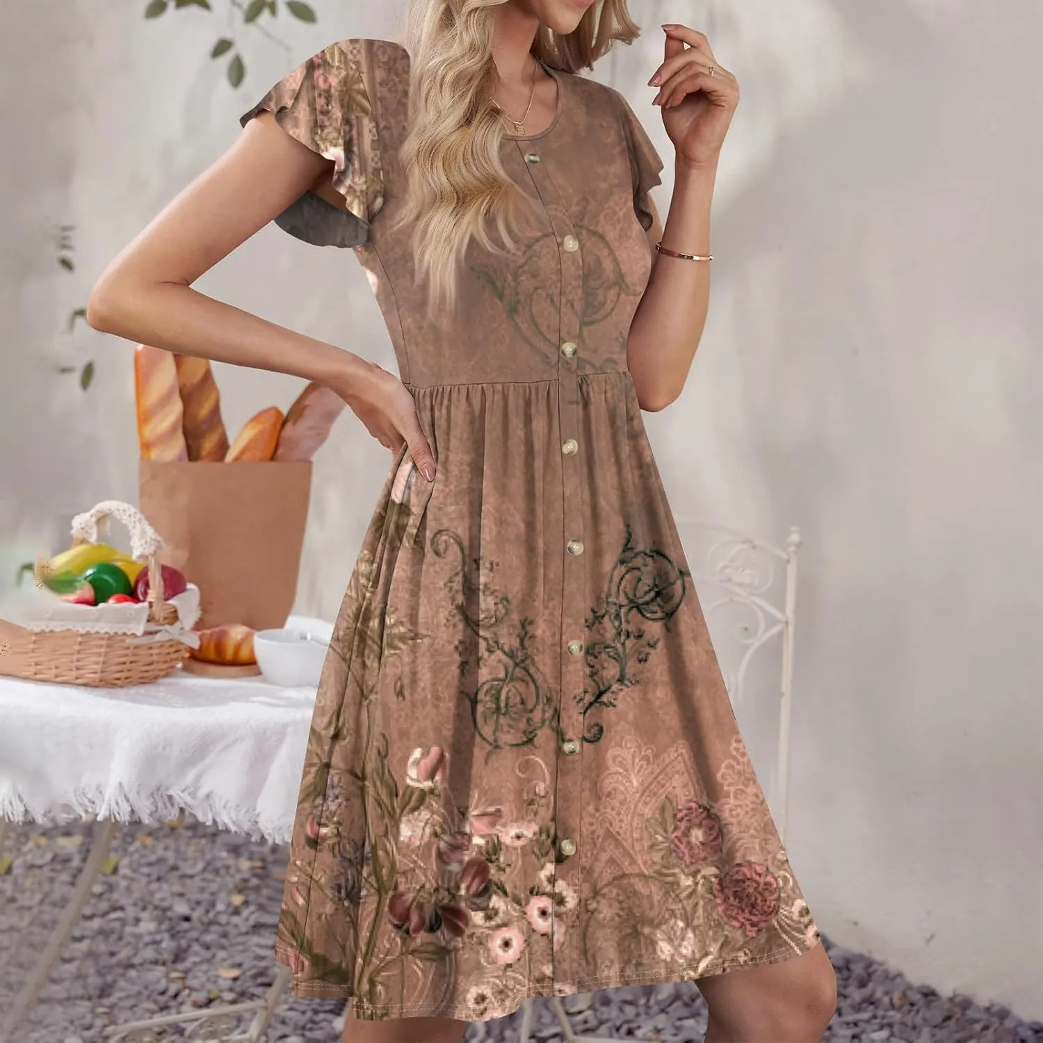 Women Summer Dresses Round Neck Summer Short Sleeve Casual Printed Loose Button Midi Beach Dresses with Pocket