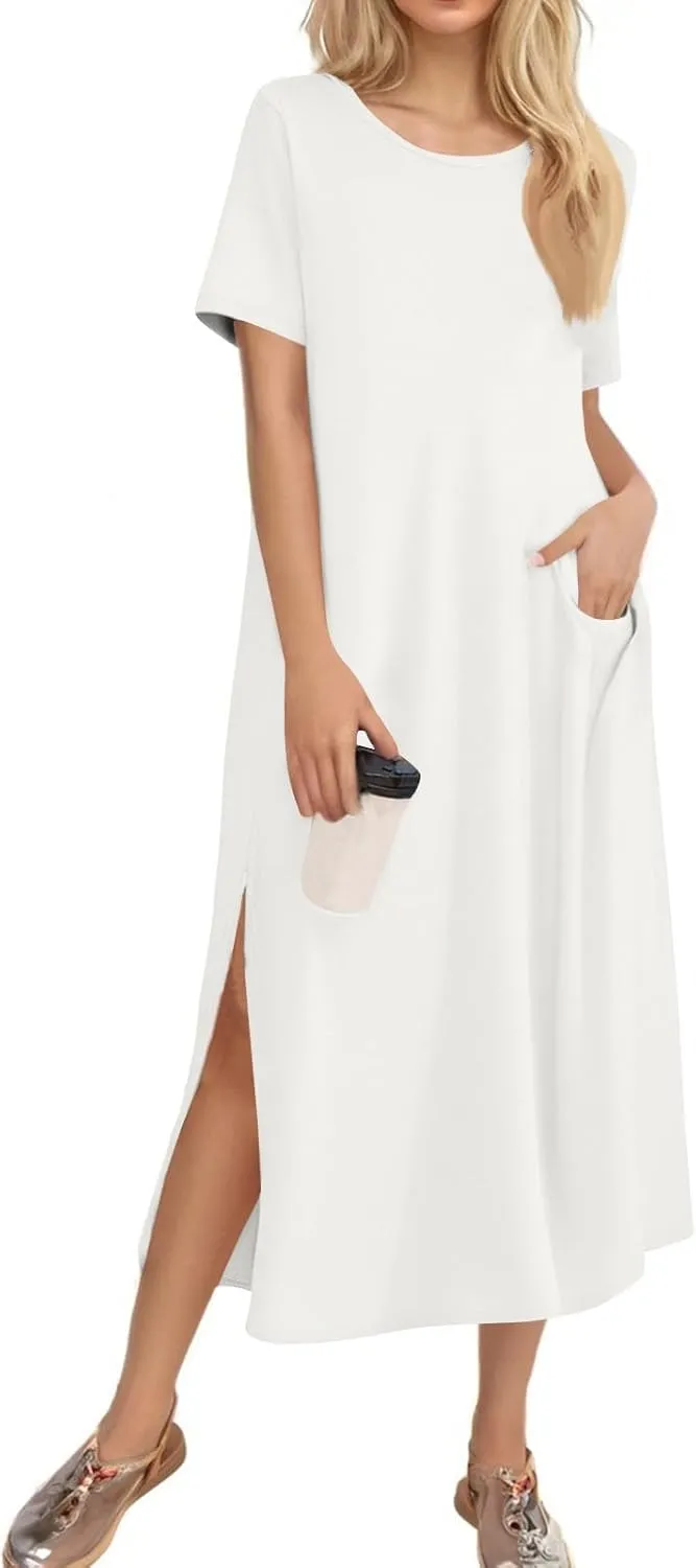 Women Summer Dresses Short Sleeve Round Neck Slit Hem Dress Solid Color Beach Vacation Sundress with Pockets