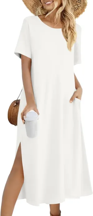 Women Summer Dresses Short Sleeve Round Neck Slit Hem Dress Solid Color Beach Vacation Sundress with Pockets