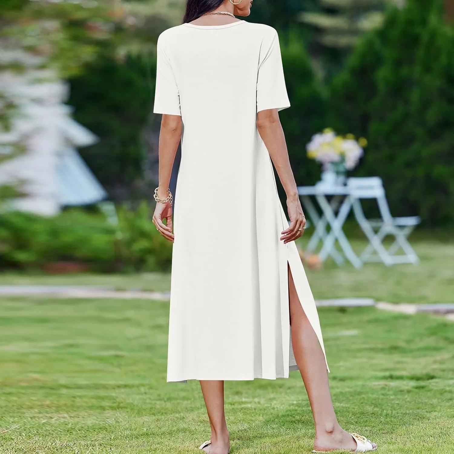 Women Summer Dresses Short Sleeve Round Neck Slit Hem Dress Solid Color Beach Vacation Sundress with Pockets
