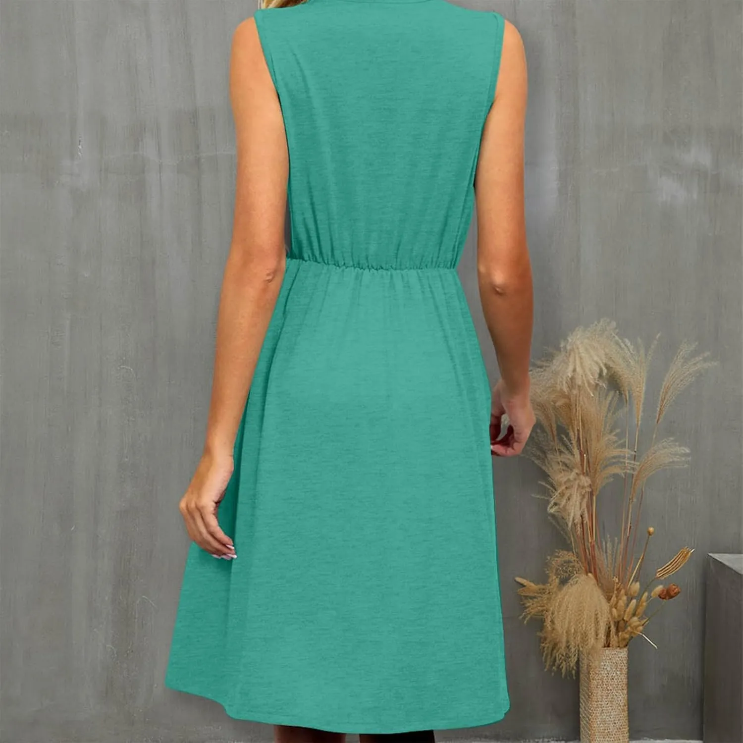 Women Summer Dresses Sleeveless Lace V Neck Empire Waist Dress Casual Loose Swing Elastic Waist Midi Dress Sundress