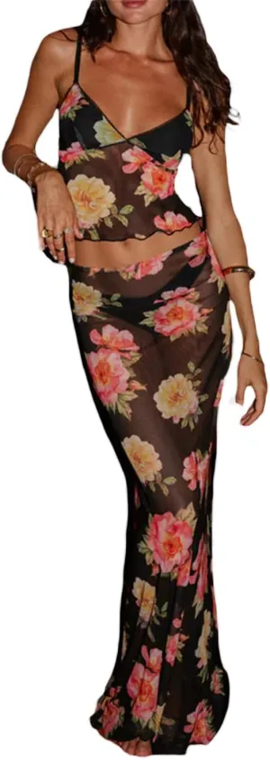 Women Y2k 2 Piece Maxi Skirt Set Floral Crop Top Bodycon Long Skirt Going Out Streetwear Outfits