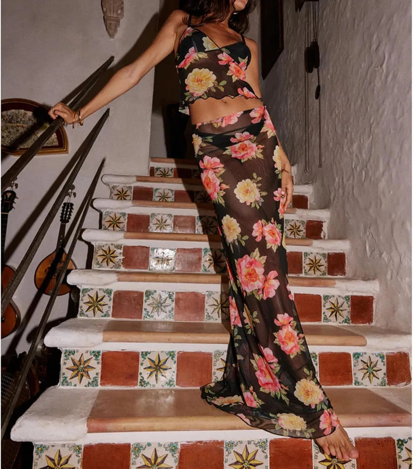 Women Y2k 2 Piece Maxi Skirt Set Floral Crop Top Bodycon Long Skirt Going Out Streetwear Outfits