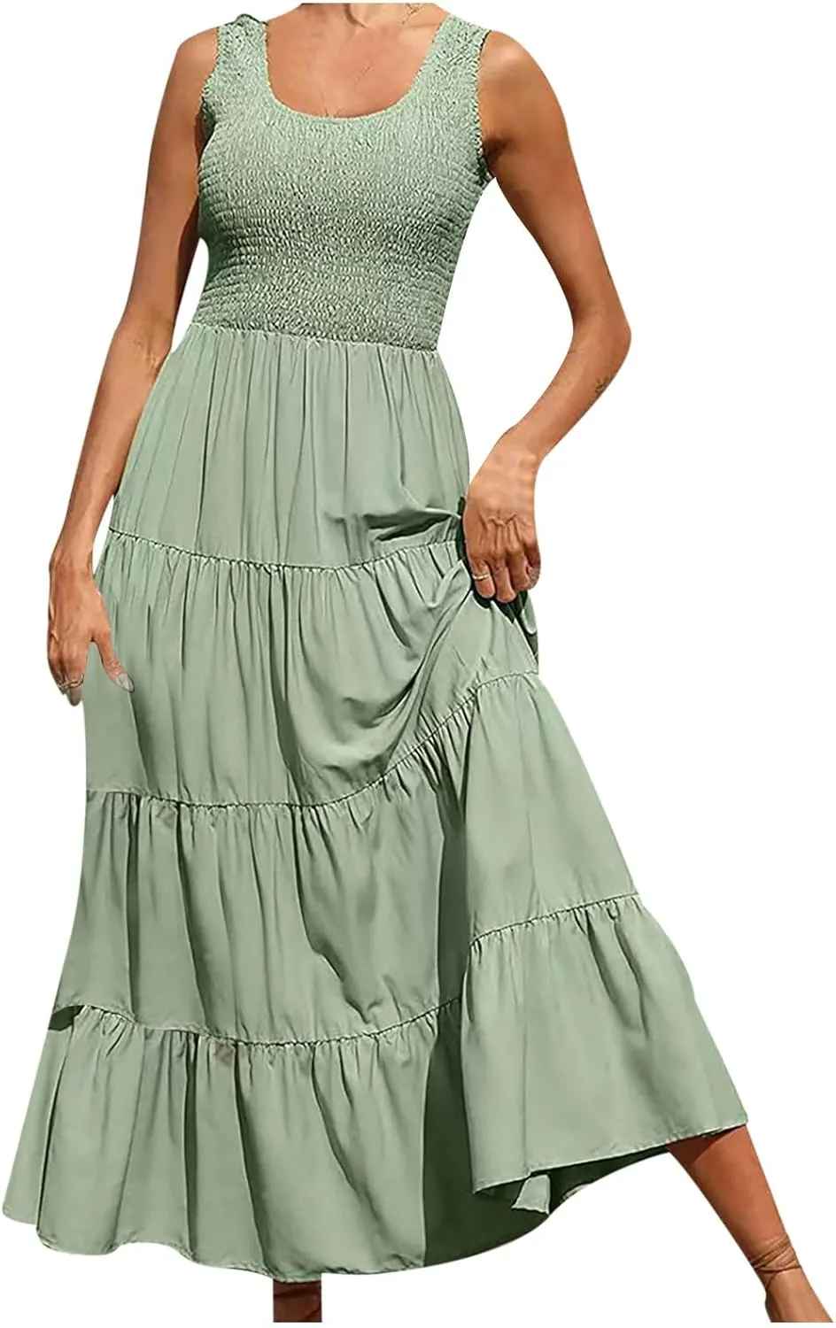 Women's Casual Sleeveless Flowy Maxi Dress 2025 Smocked Tank Dress Summer Beach Tiered Long Dresses High Waist Sundress