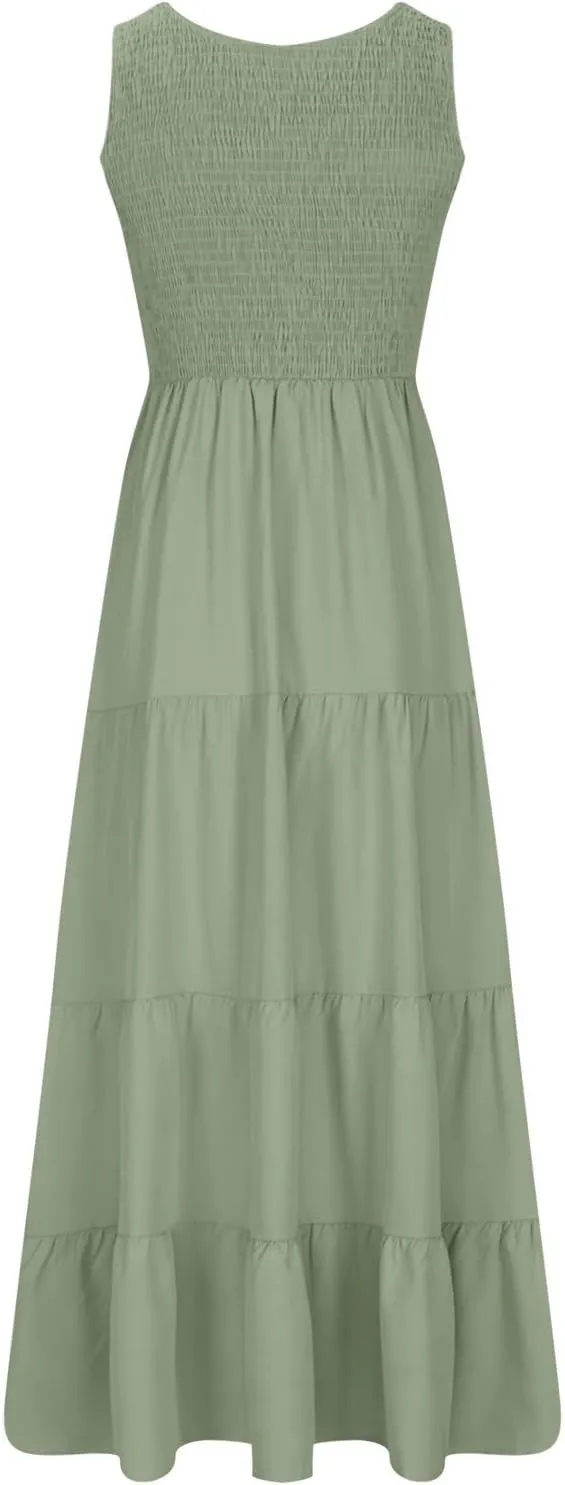 Women's Casual Sleeveless Flowy Maxi Dress 2025 Smocked Tank Dress Summer Beach Tiered Long Dresses High Waist Sundress