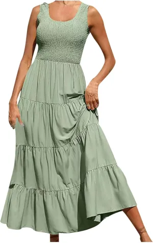 Women's Casual Sleeveless Flowy Maxi Dress 2025 Smocked Tank Dress Summer Beach Tiered Long Dresses High Waist Sundress