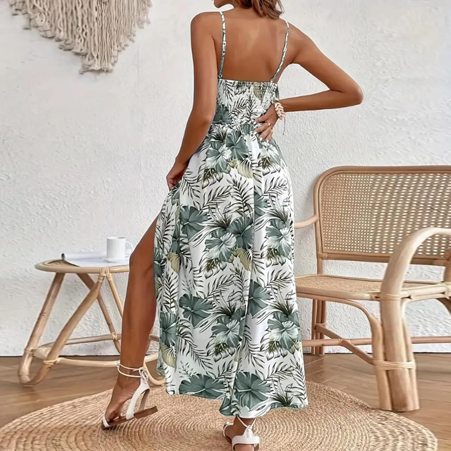 Women's Floral Maxi Dress, Casual Bohemian Style Sleeveless Summer Beach Sundress with Spaghetti Straps