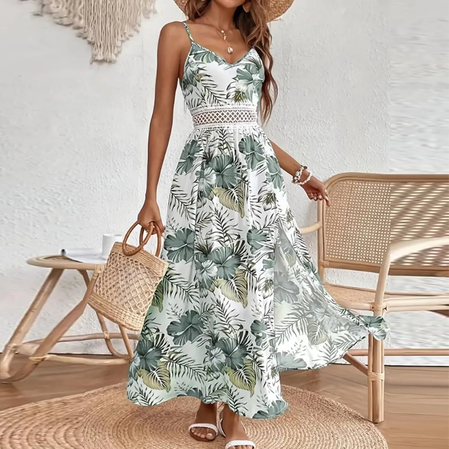 Women's Floral Maxi Dress, Casual Bohemian Style Sleeveless Summer Beach Sundress with Spaghetti Straps