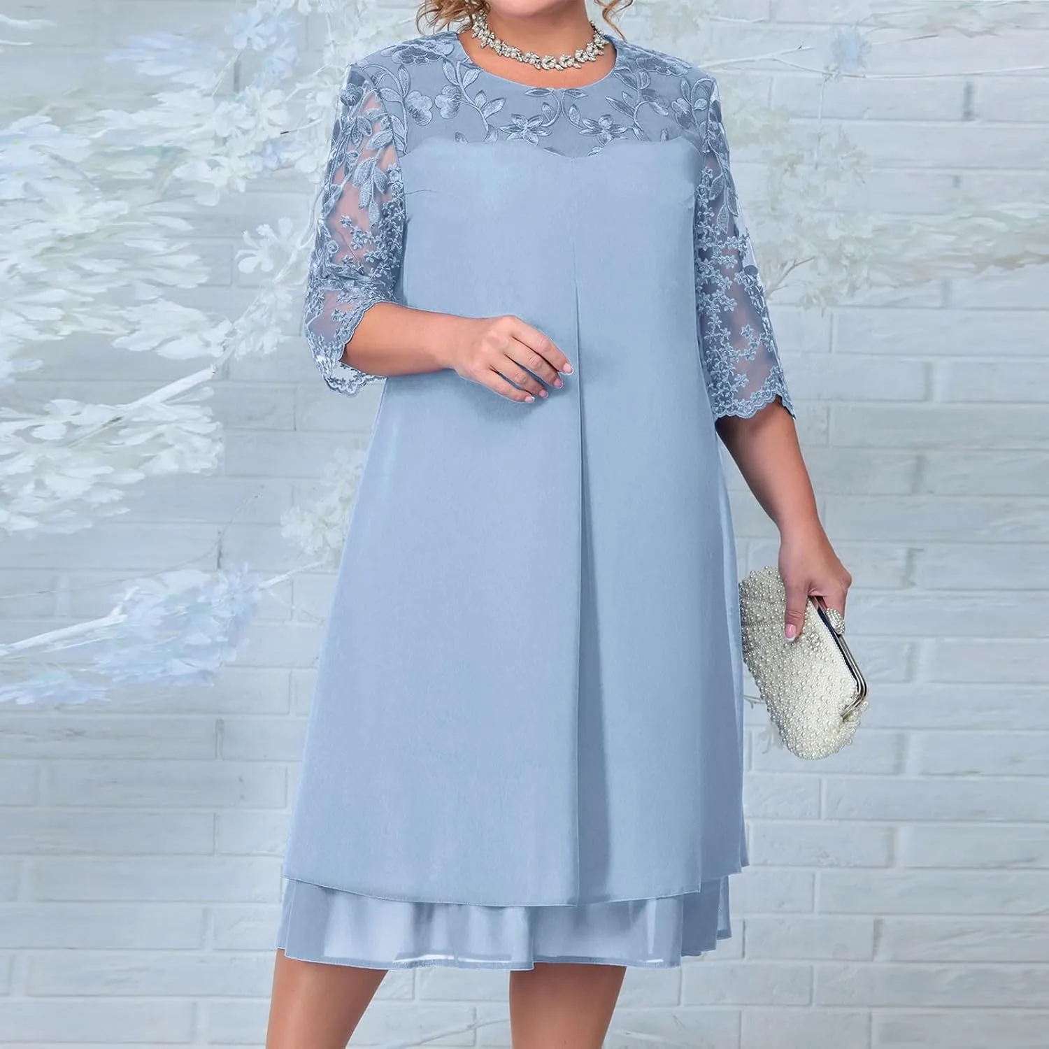 Women's Formal Dresses Wedding Guest Elegant Trendy Round Neck Short Sleeve Lace Prom Party Cocktail Dress, L-4XL