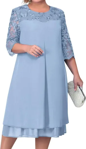 Women's Formal Dresses Wedding Guest Elegant Trendy Round Neck Short Sleeve Lace Prom Party Cocktail Dress, L-4XL