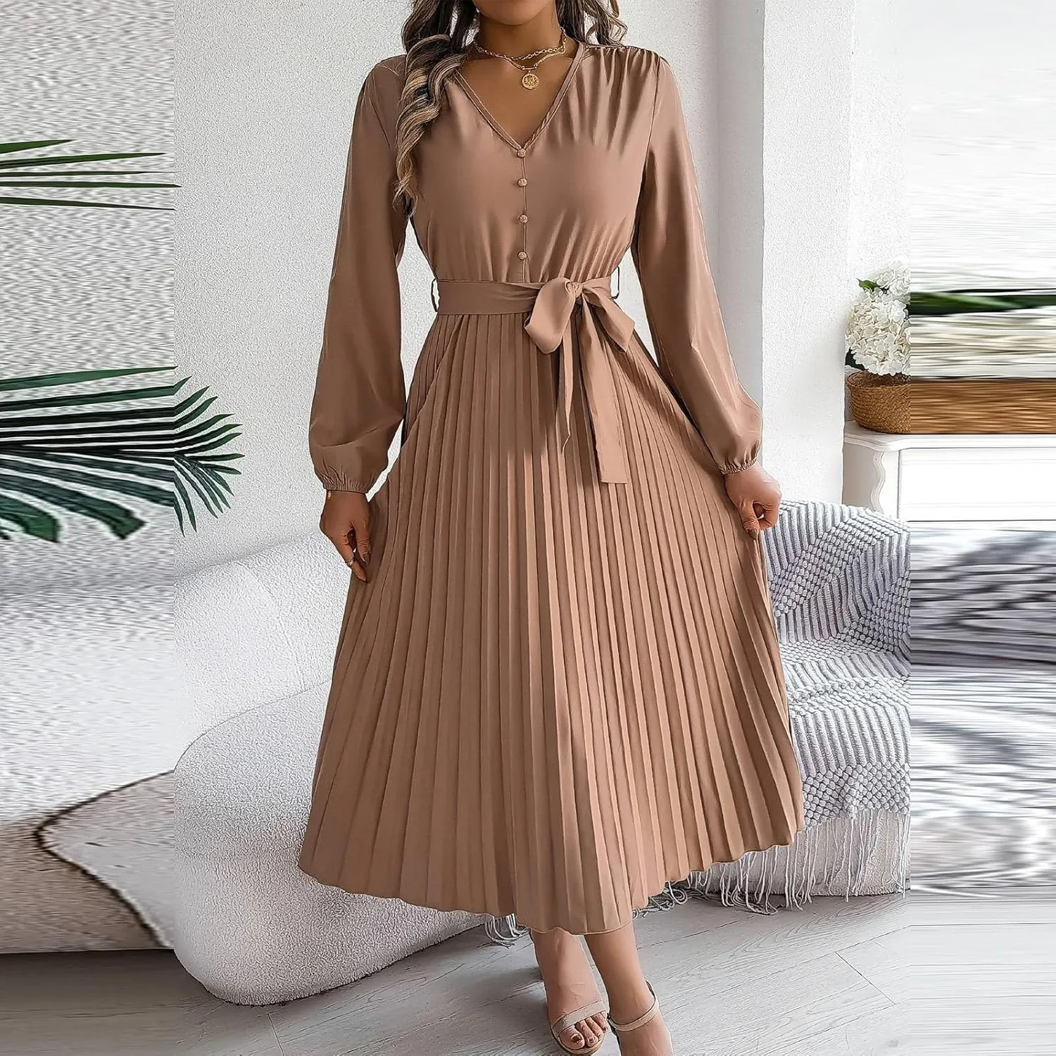 Women's Formal Dresses Wedding Guest Trendy V Neck Long Sleeve Solid Color Flowy Prom Cocktail Maxi Dress, S-XL