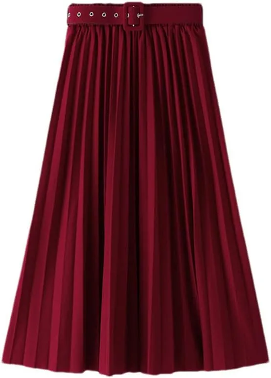 Women's High Waist Pleated Skirts with Belted Spring Autumn Office Lady Midi Long Skirt