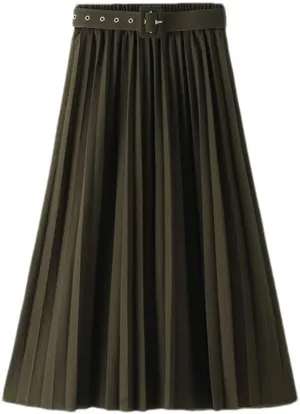 Women's High Waist Pleated Skirts with Belted Spring Autumn Office Lady Midi Long Skirt