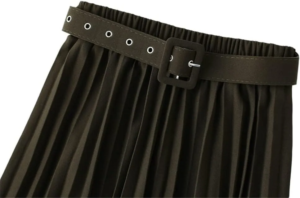 Women's High Waist Pleated Skirts with Belted Spring Autumn Office Lady Midi Long Skirt